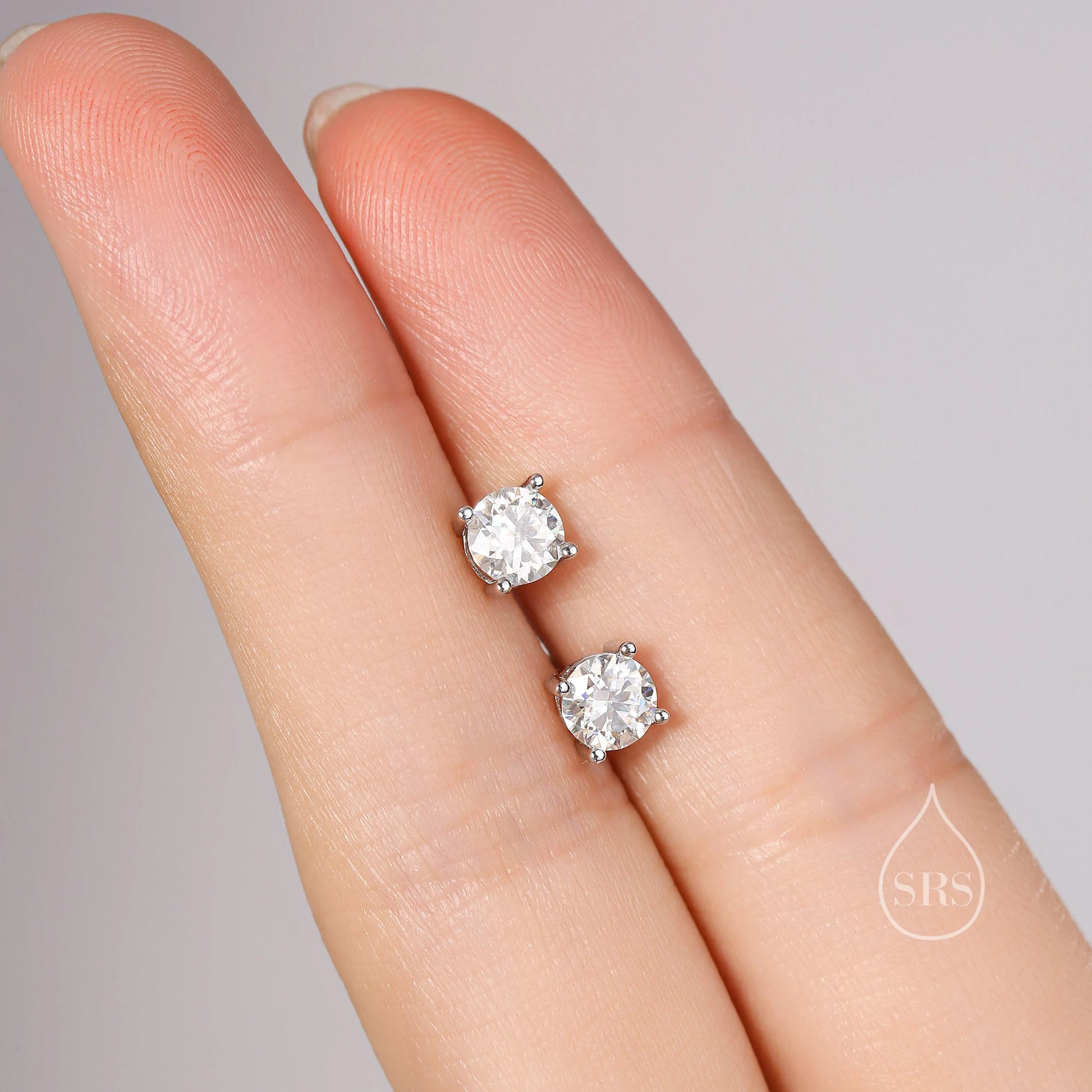 Moissanite Diamond Stud Earrings in Sterling Silver, Available in 3Mm, 5Mm 6Mm, Brilliant Cut Earrings, Four Prong Set