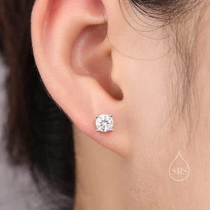 Moissanite Diamond Stud Earrings in Sterling Silver, Available in 3Mm, 5Mm 6Mm, Brilliant Cut Earrings, Four Prong Set