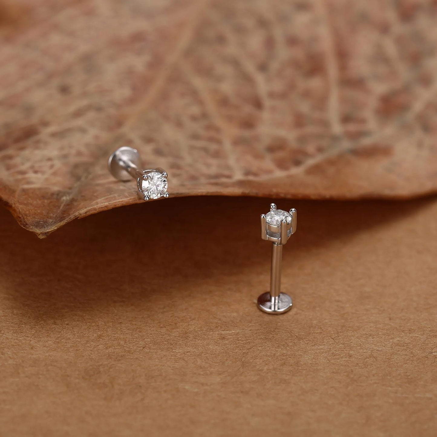Brilliant Cut 3Mm Moissanite 16G Flat Back Labret Earrings in Sterling Silver