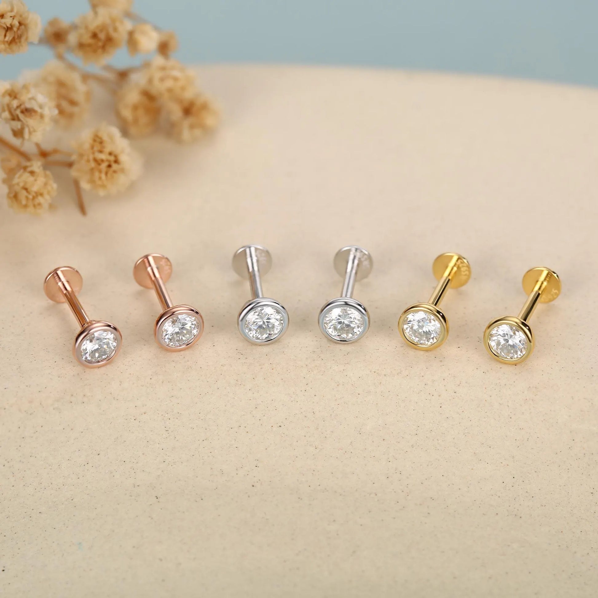 Sterling Silver 4Mm round Moissanite Bezel 16G Flat Back Labret Earrings