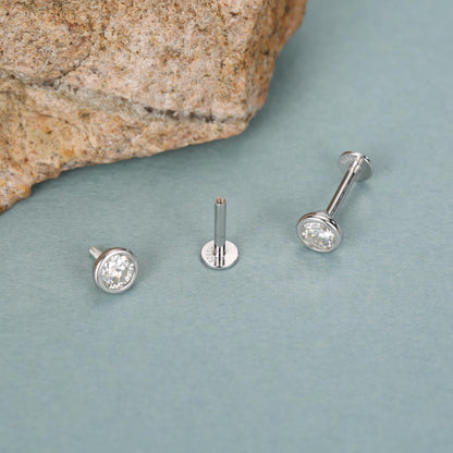 Sterling Silver 4Mm round Moissanite Bezel 16G Flat Back Labret Earrings