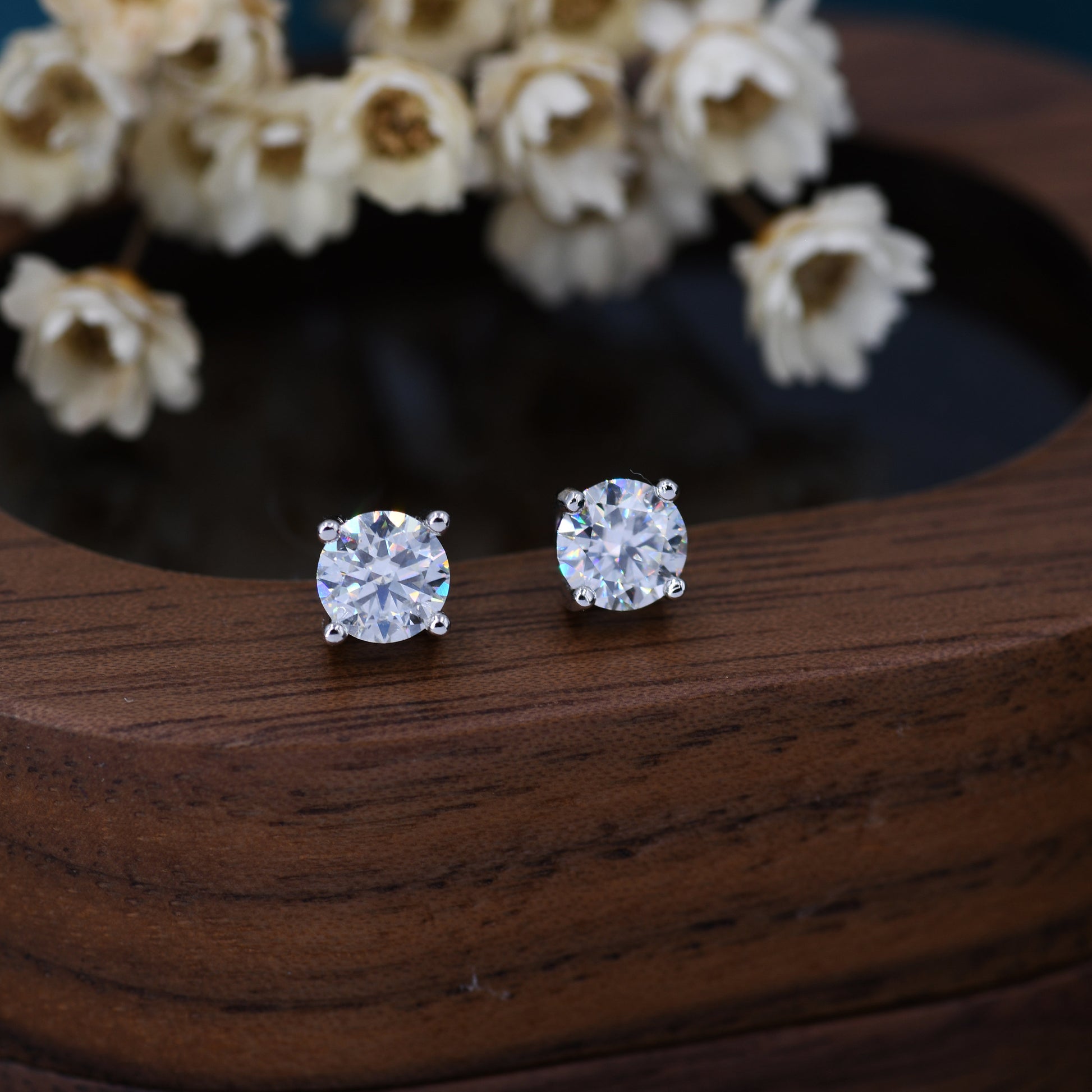 Moissanite Diamond Stud Earrings in Sterling Silver, Available in 3Mm, 5Mm 6Mm, Brilliant Cut Earrings, Four Prong Set